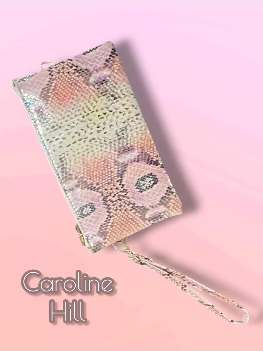 Caroline Hill Pink Holographic Snakeskin Wristlet Clutch Travel Wallet